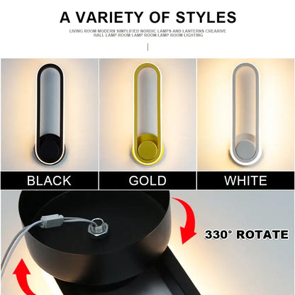 Modern minimalist decorbites led indoor wall lamp in black gold or white with sleek elongated design and 330-degree rotation