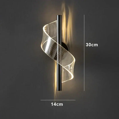 DecorBites™ modern black wall sconce light with glowing translucent spiral design for indoor bedroom and living room use