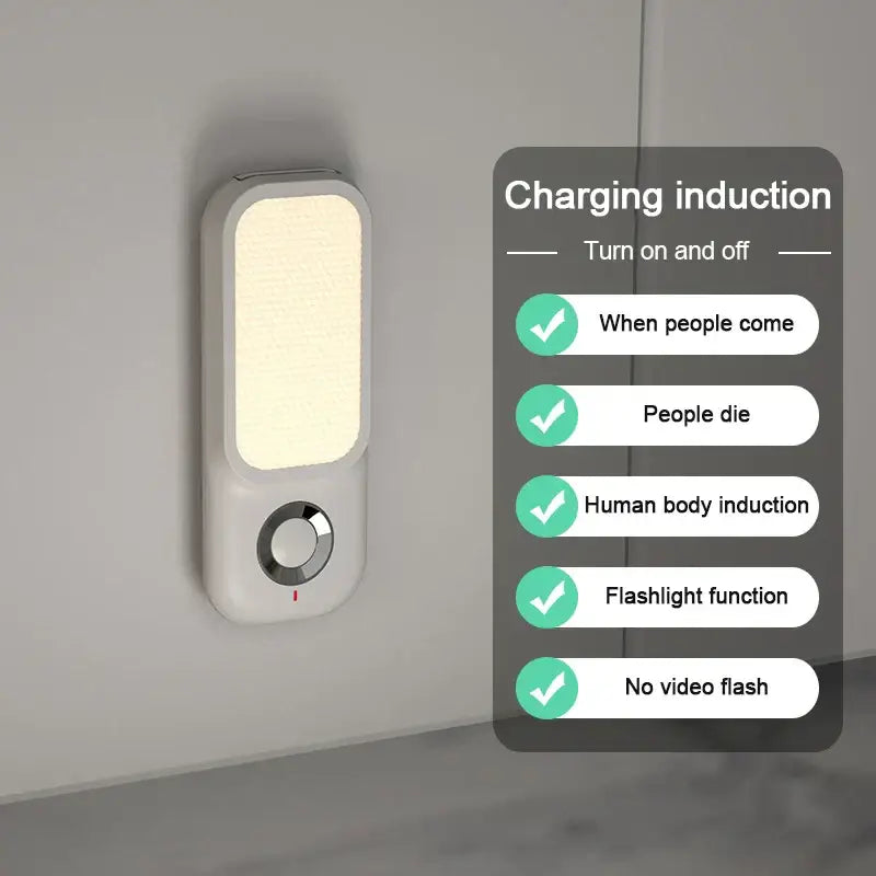 A sleek white wall-mounted DecorBites LED induction night light with rectangular panel and circular control dial