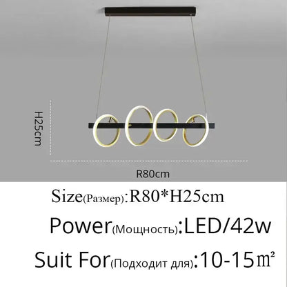 Modern black and gold decorbites led industrial chandelier with four glowing circular rings for dining and living room