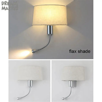 Decorbites led industrial wall sconce with curved chrome arm and off-white flax shade for bedroom reading lighting