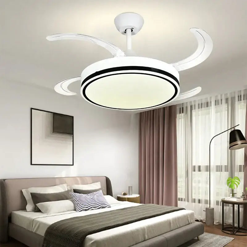 Modern white decorbites led invisible ceiling fan with integrated lighting and sleek curved blades for living room use