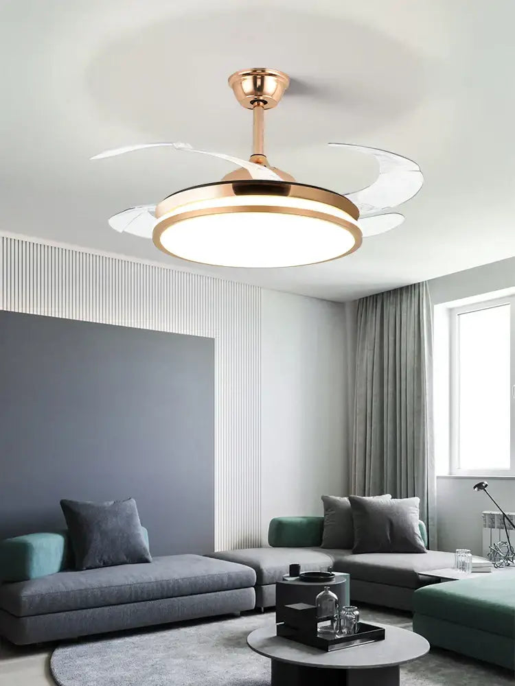 Modern decorbites led invisible fan chandelier with rose gold finish and translucent blades for living room ceiling fan