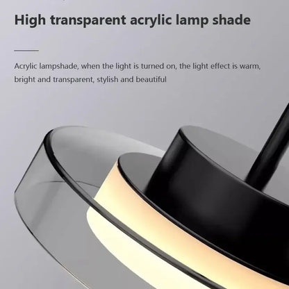 Decorbites led iron acrylic pendant with high transparent acrylic lampshade and sleek black metal base emitting warm light