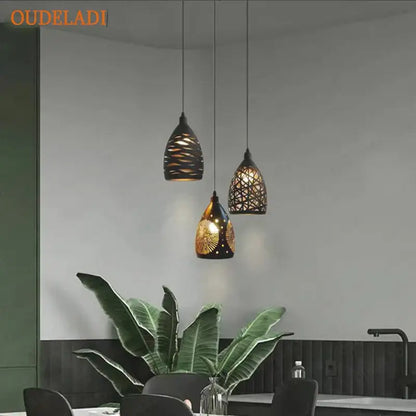 Three black decorbites led iron cage pendant lights with woven patterns and warm glow for living room or restaurant