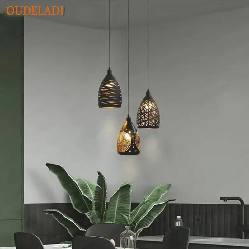 Three black decorbites led iron cage pendant lights with woven patterns and warm glow for living room or restaurant