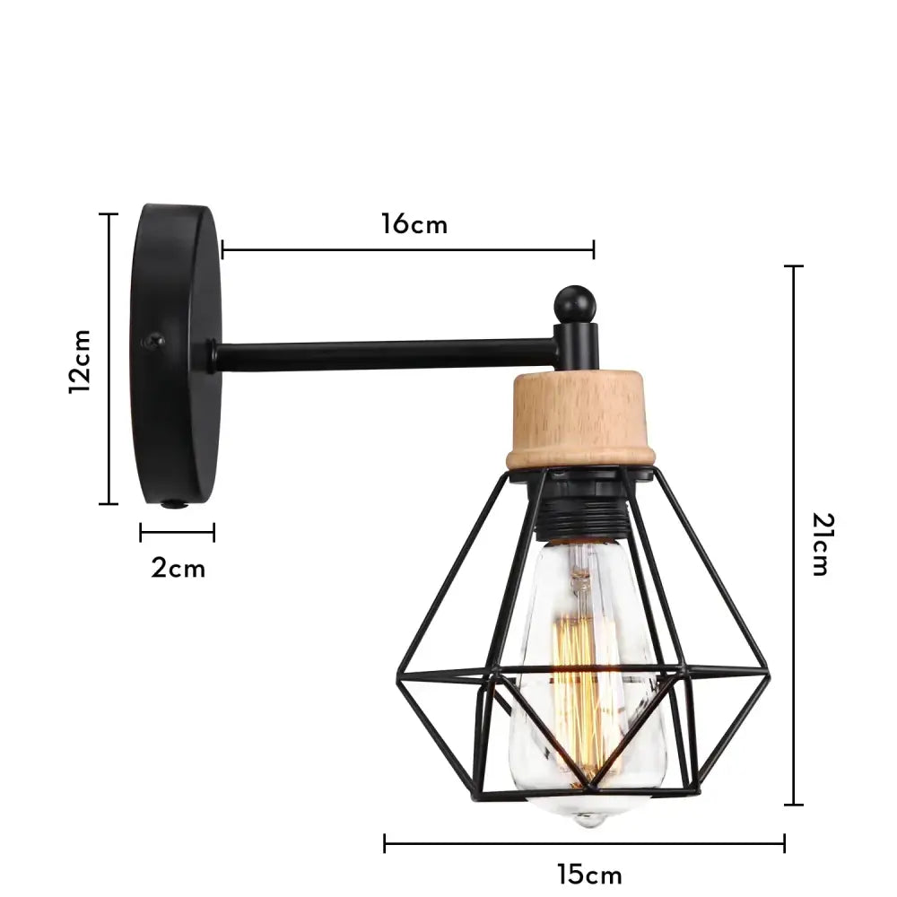 Black metal wall light with geometric iron cage, wooden accent cap, and exposed filament bulb by decorbites led iron cage