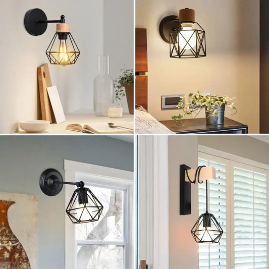 Black metal geometric decorbites led iron cage wall light with warm glow for home bedroom kitchen decor
