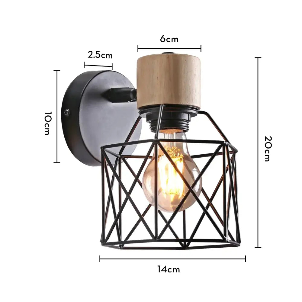 Industrial-style decorbites led iron cage wall light with black metal geometric cage wooden top and exposed edison bulb