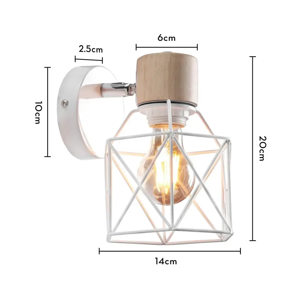 White metal and wood industrial-style decorbites led iron cage wall light with geometric design for home and kitchen decor