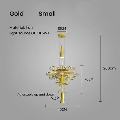 Gold-colored decorbites led iron pendant chandelier with tiered petal design and adjustable hanging length for dining room