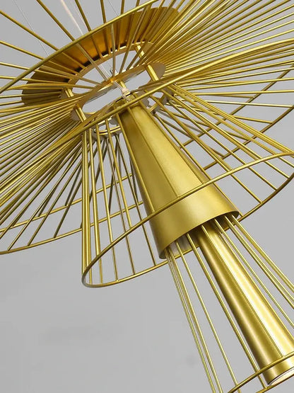 Golden metallic decorbites led iron pendant chandelier with sunburst design and tiered cylindrical structure for dining room
