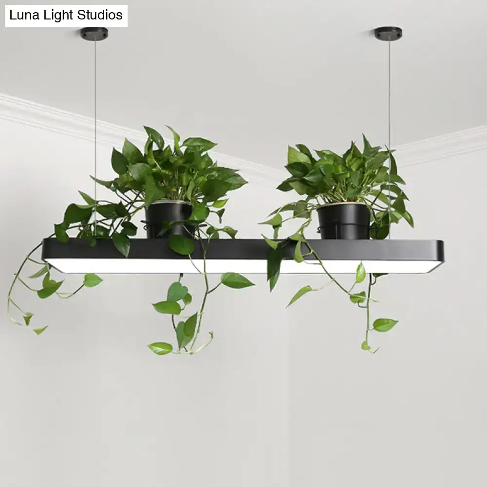 Black rectangular pendant light with integrated led illumination and two hanging planters providing warm white light