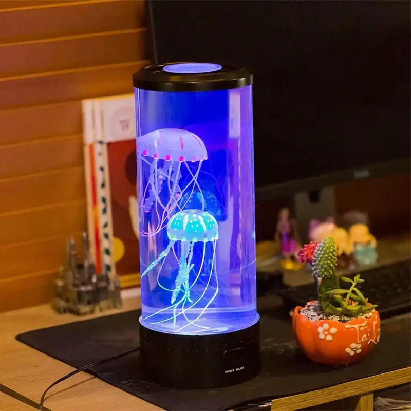 Decorbites led jellyfish lamp glowing blue acrylic tube with illuminated translucent jellyfish for mood lighting