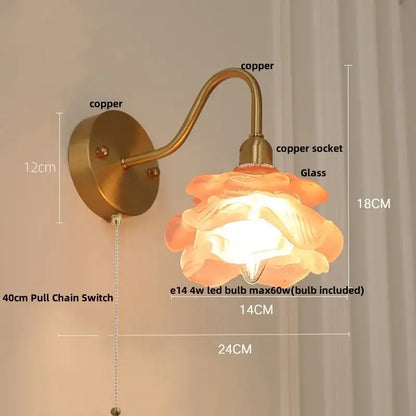 Copper wall lamp decorbites led jellyfish with delicate peach glass flower shade and pull chain switch modern nordic design