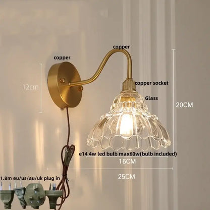 Decorbites led jellyfish wall lamp vintage-style brass copper finish with ornate fluted glass shade and pull chain switch