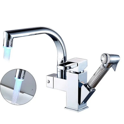 Chrome finished decorbites led kitchen faucet mixer with swivel spouts and pull-out spray in modern angular design