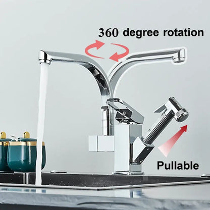 Modern chrome-finished decorbites led kitchen faucet mixer with sleek angular design and pull-out spray nozzle