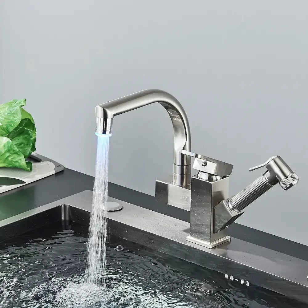 Modern brushed stainless steel decorbites led kitchen faucet mixer with swivel spouts and integrated handheld sprayer
