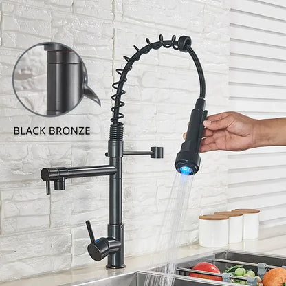 Black bronze decorbites led kitchen faucet with flexible coiled spout and blue led lighting for vessel sink use