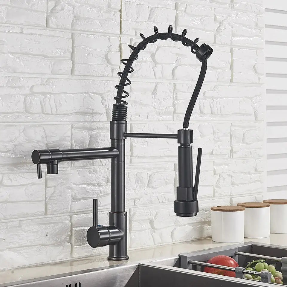 Black matte kitchen faucet with coiled spring spout and pull-down spray head decorbites led kitchen mixer tap brass