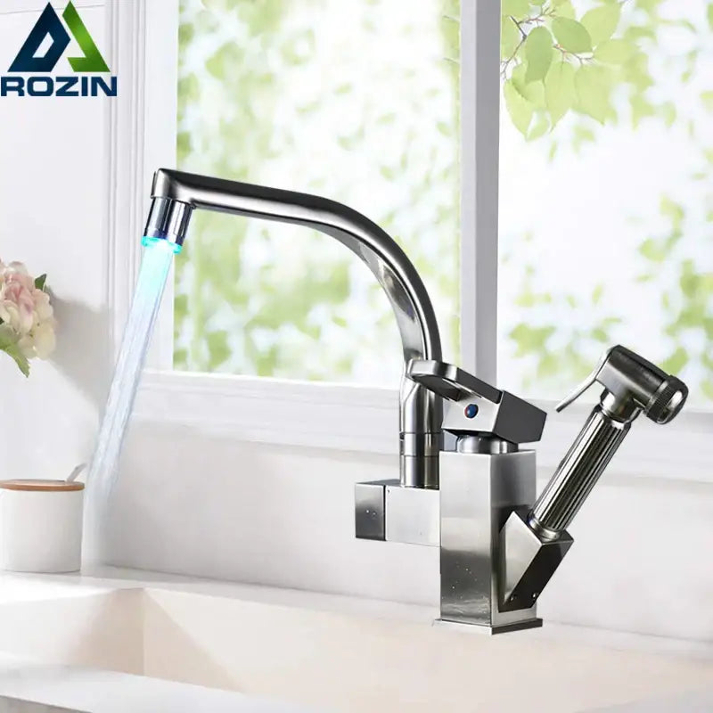 Stainless steel decorbites led kitchen faucet with sleek modern design and integrated pull out spray nozzle for hot cold water