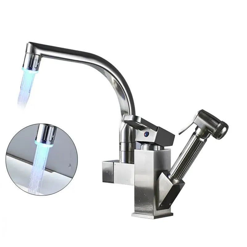 Modern stainless steel decorbites led kitchen faucet with curved spout and integrated spray nozzle for hot cold water use
