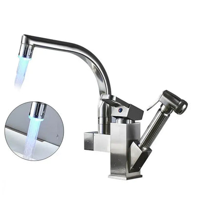 Modern stainless steel decorbites led kitchen faucet with curved spout and integrated spray nozzle for hot cold water use