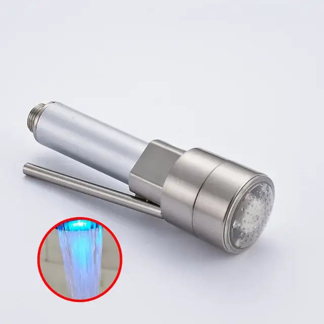 Stainless steel decorbites led kitchen faucet spray head with sleek cylindrical design and vibrant blue led lighting