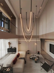 Modern minimalist DecorBites™ leather belt chandelier with sleek curved LED strips for trendy DIY living room lighting