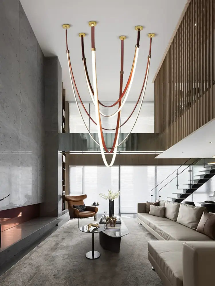 Decorbites™ led leather belt chandelier with curved light tubes and gold fixtures for trendy diy flexible living room decor
