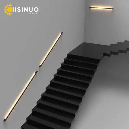 Black minimalist DecorBites led long wall lamp with warm glow and sleek modern design for interior lighting