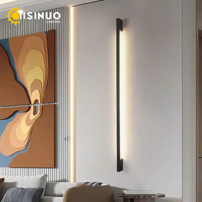 Modern black minimalist wall lamp decorbites led long with sleek rectangular design emitting warm ambient light