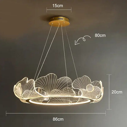 A modern decorbites led lotus pendant light with translucent overlapping ginkgo leaf design and warm led lighting