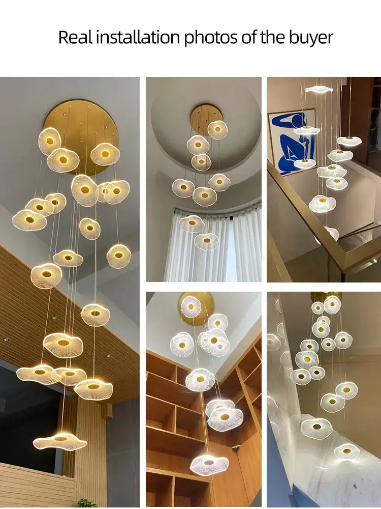 Modern white decorbites led lotus leaf staircase chandelier with golden mount and cloud like lampshades for hotel lobby