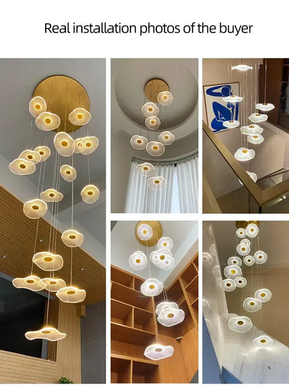 Modern white decorbites led lotus leaf staircase chandelier with golden mount and cloud like lampshades for hotel lobby