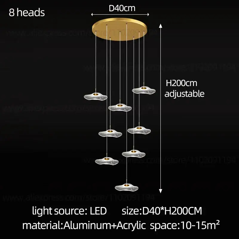 Gold-toned decorbites led lotus ceiling pendant light with eight cloud-shaped acrylic heads for lotus leaf staircase design
