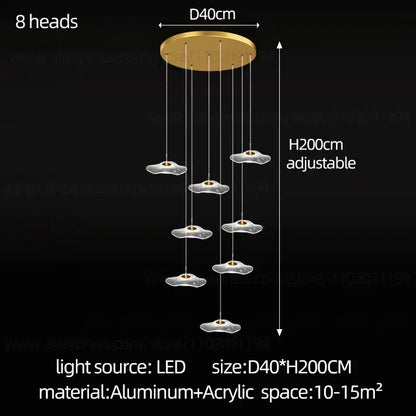 Gold-toned decorbites led lotus ceiling pendant light with eight cloud-shaped acrylic heads for lotus leaf staircase design