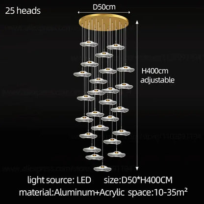 Gold-toned decorbites led lotus chandelier with 25 acrylic light heads for staircase hotel lobby and villa lighting