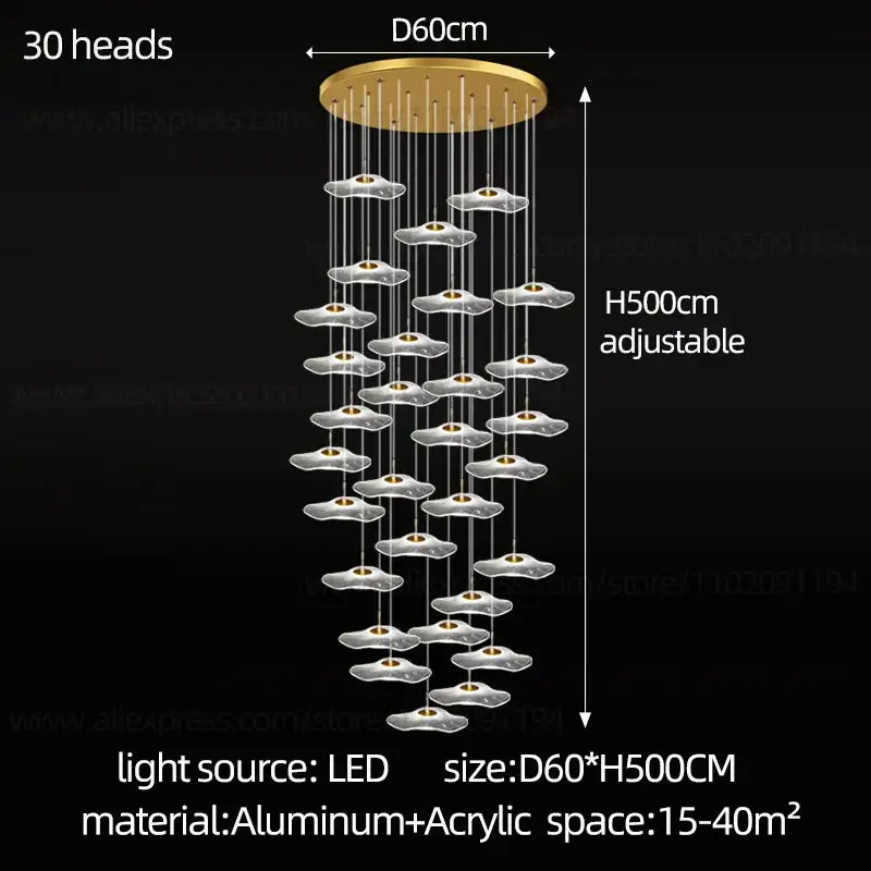 Gold-toned decorbites led lotus chandelier with 30 translucent acrylic lotus leaf light heads on adjustable chains for staircase