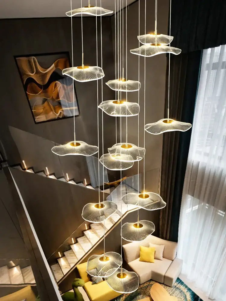 Modern decorbites led lotus chandelier with translucent fan-shaped glass shades for lotus leaf staircase lighting