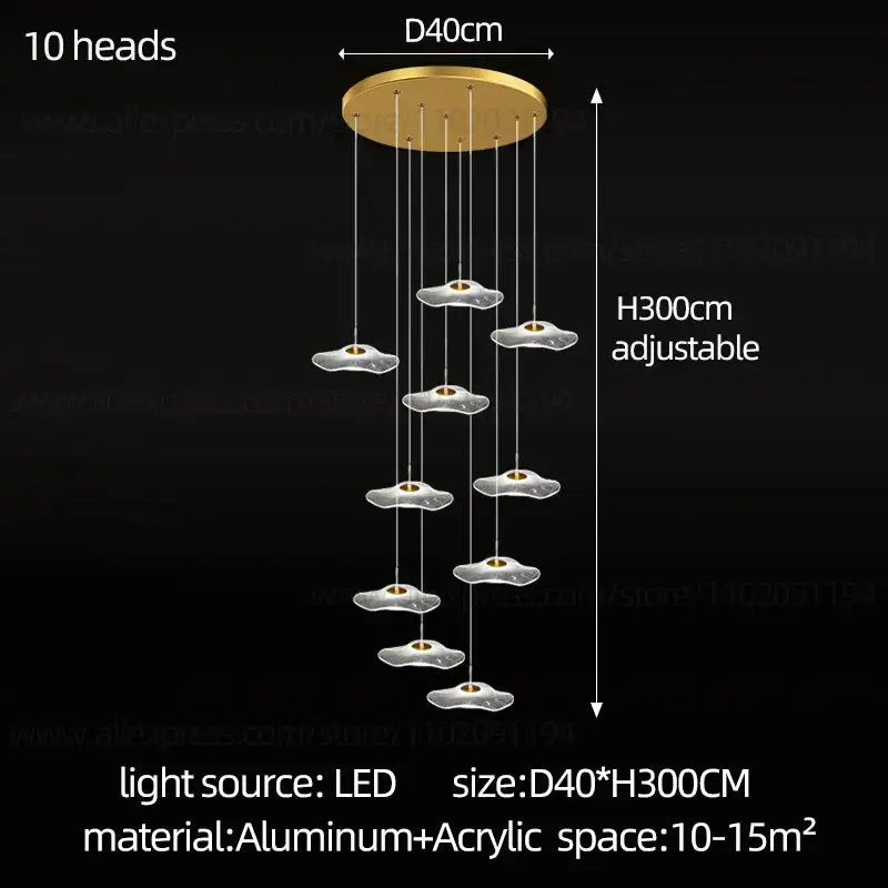 Gold-toned decorbites led lotus leaf staircase chandelier with ten cloud-shaped acrylic lamps on aluminum base for modern spaces