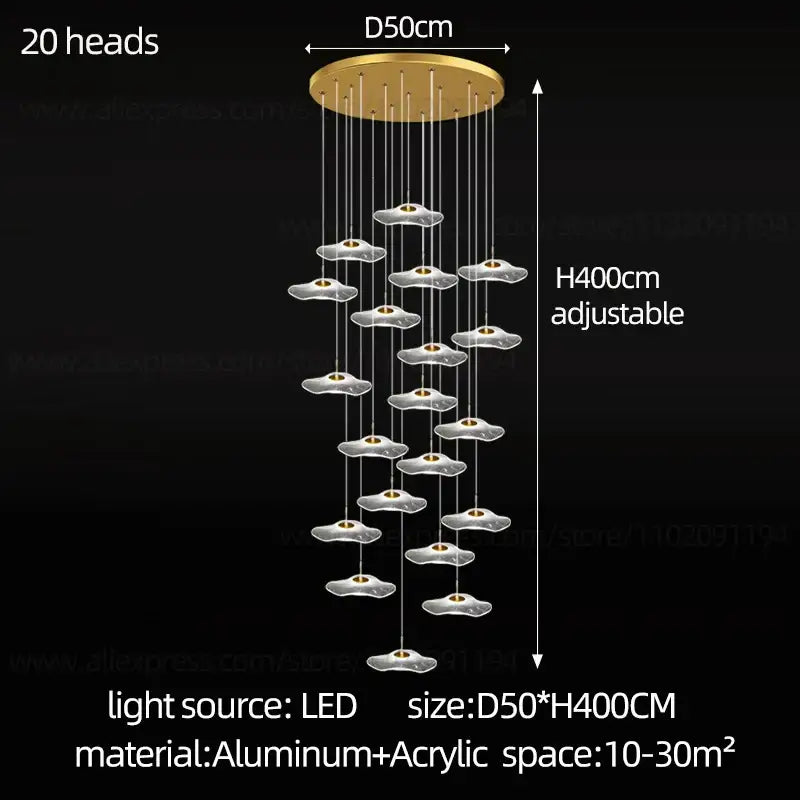 Gold-toned decorbites led lotus chandelier with 20 cloud-shaped led light heads on adjustable aluminum lotus leaf staircase base