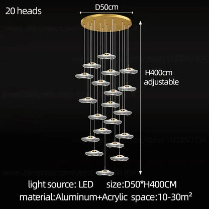 Gold-toned decorbites led lotus chandelier with 20 cloud-shaped led light heads on adjustable aluminum lotus leaf staircase base