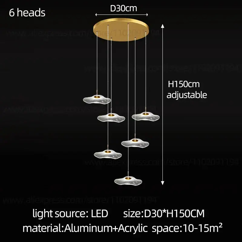 Gold-toned decorbites led lotus staircase chandelier with six cloud-shaped acrylic lamps suspended from aluminum base