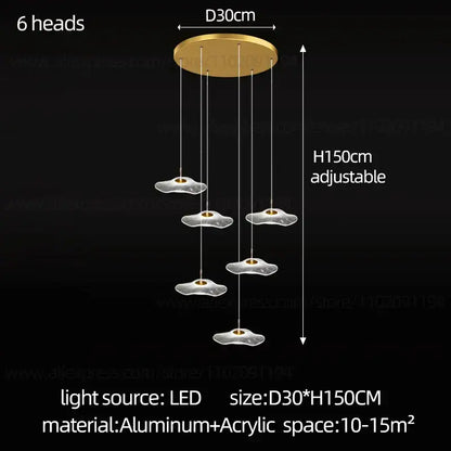 Gold-toned decorbites led lotus staircase chandelier with six cloud-shaped acrylic lamps suspended from aluminum base