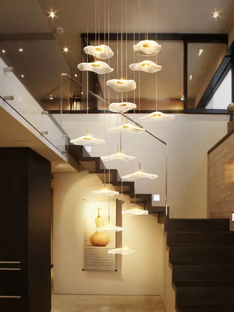 Modern white cloud-shaped decorbites led lotus pendant light with mesh design and golden accents for staircase chandelier