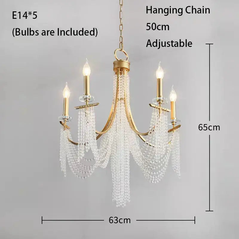 Gold-toned DecorBites LED Lustres hanging lamp with five candle-style bulbs and cascading clear crystal beads