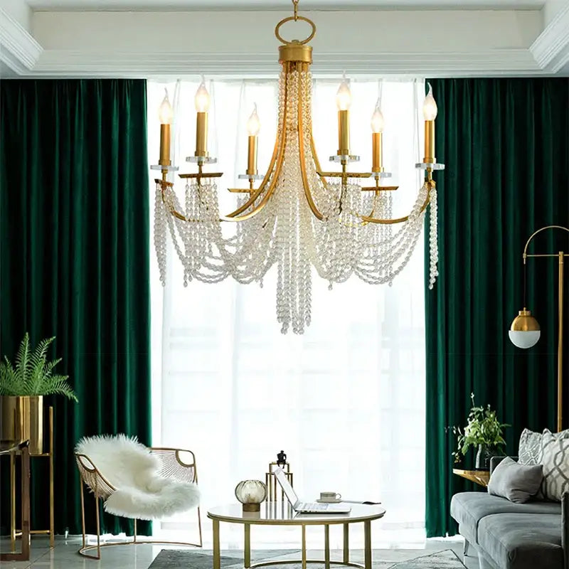 Gold-toned decorbites led lustres hanging lamps with cascading crystal beads and candle-style bulbs for home decoration