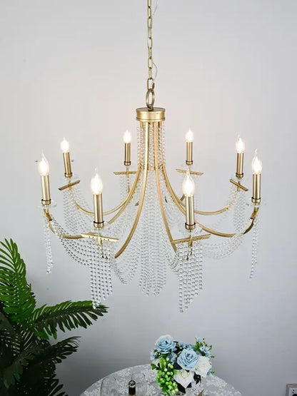 Gold-toned decorbites led lustres hanging chandelier with crystal droplets and candle-style bulbs for home decoration